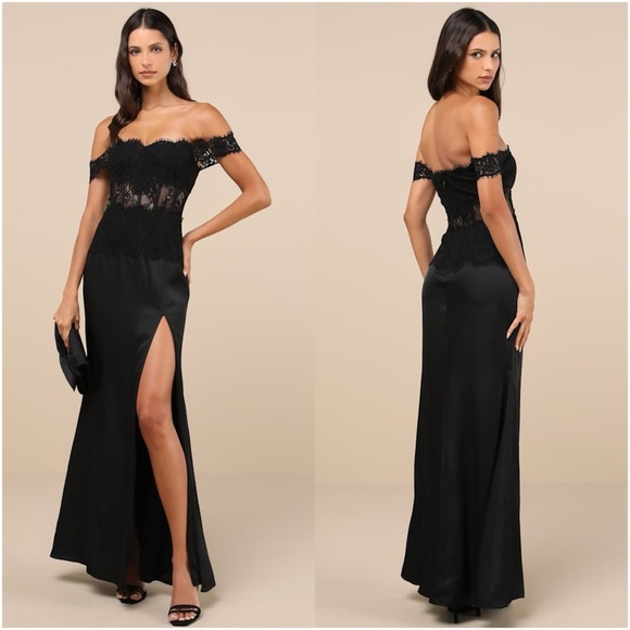 LULU’S Exceptionally Exquisite Black Lace Off The Shoulder Maxi Dress - Picture 1 of 4